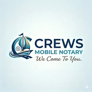 CREWS Mobile Notary logo featuring a stylized sailboat with text We Come To You on light blue background